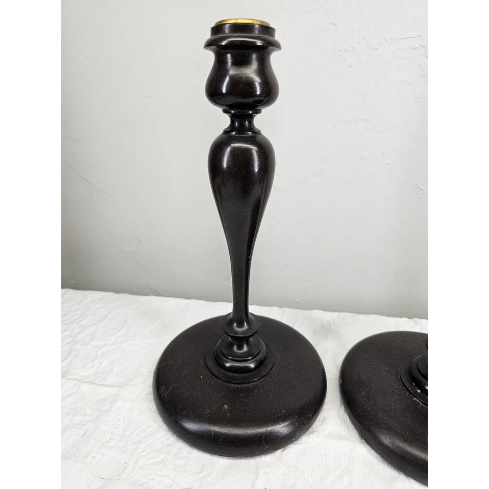 Antique 1900's Dark Wood Candlestick Holders Pair Ornate Brass‎ Top Elegant